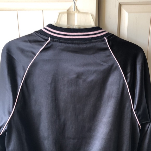 ASHLEY 26 International • Black Satin Baseball Style Bomber Jacket w/ Pink Trim - Picture 8 of 11